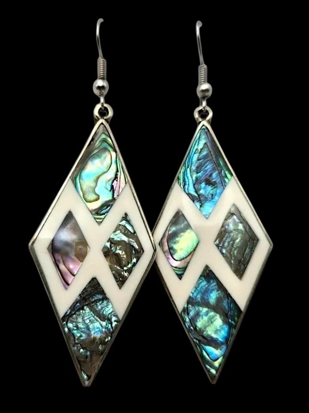 Dangle Pierced Earrings Alpaca Silver, Abalone Shell & White Enamel Mexico